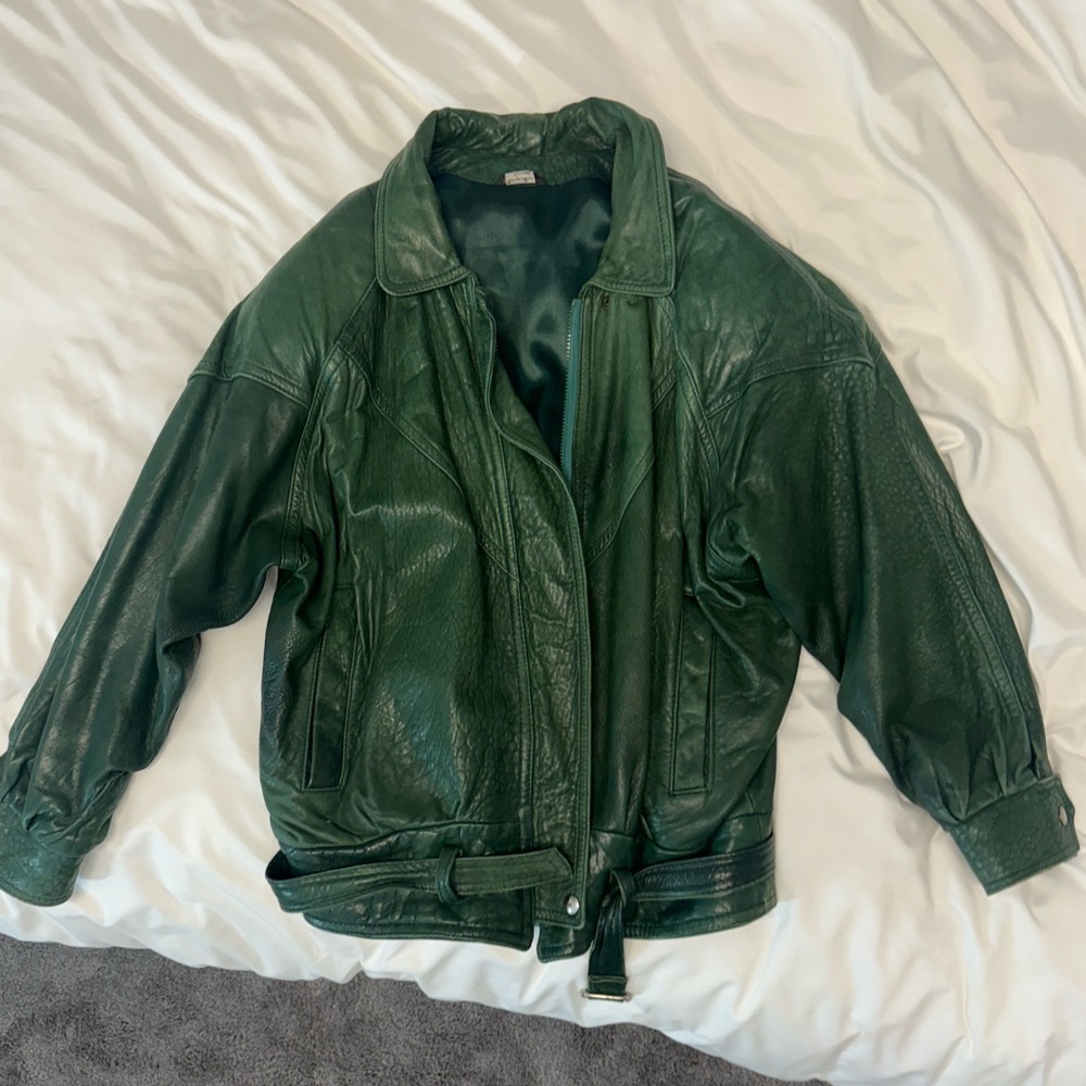Vintage green leather bomber jacket